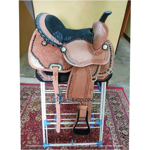 Blue Lake Premium Western Leather Barrel Racing Youth & Pony Horse Saddle with Matching Leather Headstall + Breast Collar + Reins | Color : Lemonde Pink-Black