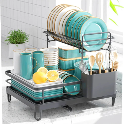 Sakugi Dish Drying Rack - X-Large Stainless Steel Dish Rack for Kitchen Counter, 2-Tier Kitchen Organizers and Storage for Dishes, Bowls, Cutlery, Gray