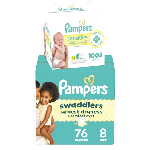Pampers Swaddlers Disposable Baby Diapers Size 8, 76 Count with Sensitive Water Based Baby Wipes 12 Flip-Top Packs (1008 Wipes Total)