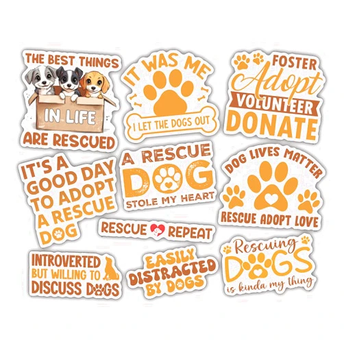 TAYTA 10pcs Rescue Dog Sticker Sheet for Dog Moms, Dads, Animal Shelter Volunteers, Pet Adoption Advocates, Vinyl Decals for Laptops, Water Bottles, Journals, Waterproof, UV-Resistant
