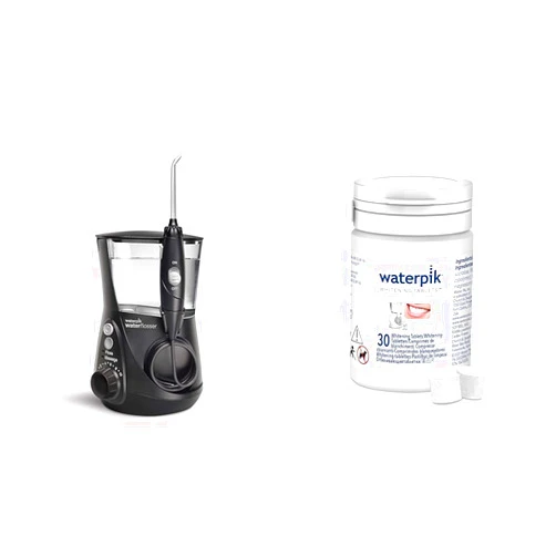 Waterpik Aquarius Water Flosser with 10 Settings, 7 Tips, ADA Accepted Black WP-662 Bundle with Waterpik Fresh Mint Whitening Refill Tablets 30 Count WT-30