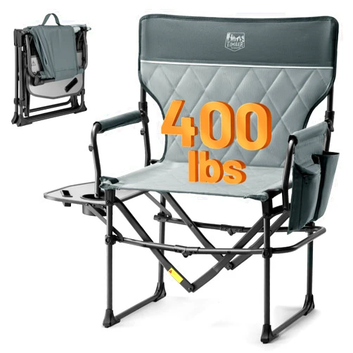 TIMBER RIDGE Heavy Duty Camping Chair with Compact Size, Portable Directors Chair with Side Table and Pocket for Camping, Lawn, Sports and Fishing, Supports Up to 400lbs, Grey