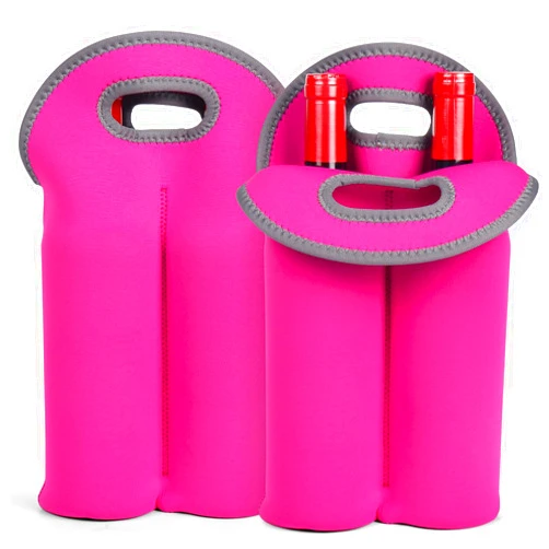 XTKS 2 Pack Wine Carrier Tote Bag, 4 Bottles Carrying Cooler Bags for Travel and Picnic, Insulated Neoprene Water Beer Bottle Holder with Secure Carry Handle,Keep Bottles Protected (Pink)