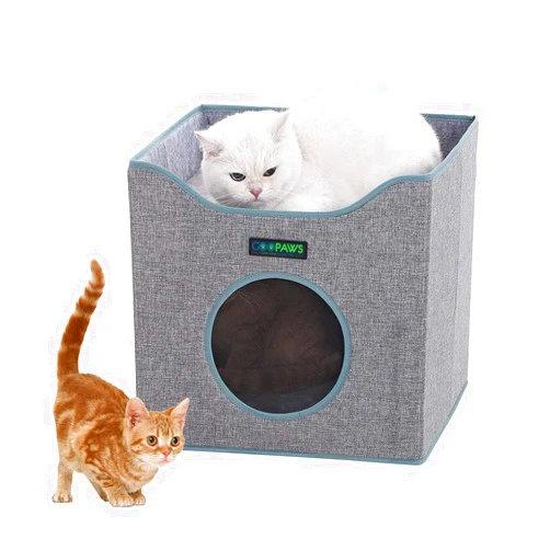 JESPET Foldable Cat Condo, Cat Cube House & Sleeper Bed with Lying Surface 2 Reversible Cushions, Cat Hiding Place, Cat Cave, Linenette Fabric, Felt and Engineered Wood, Scratch Resistant, Smoke Gray