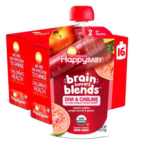 Happy Baby Organics Brain Support Blends Apples, Purple Carrots & Guava with DHA and Choline 4oz Pouch (Pack of 16)