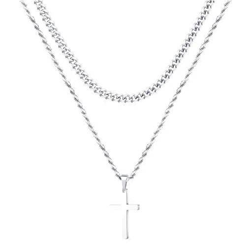 DIKEWEN Silver-White Double-Layered Stainless Steel Cross of European and American Hip-Hop Style, with Cuban Niche Design, Cool and Senior Fashion (Silver stainless steel cross necklace, Silver)