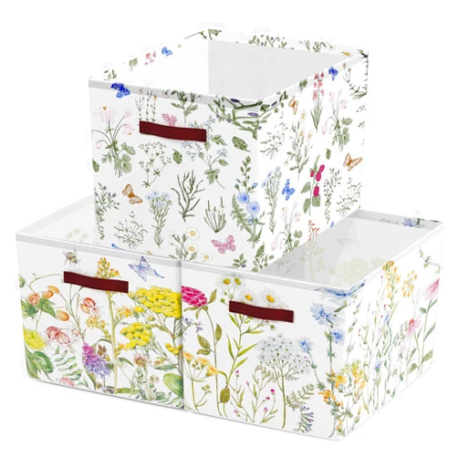 Boao 3 Pack Floral Storage Baskets for Gifts Empty Collapsible Large Wildflowers Storage Bins, Herbs Flowers Canvas Laundry Basket Organizer with Handle for Bedroom Home Office Clothes Closets Toys