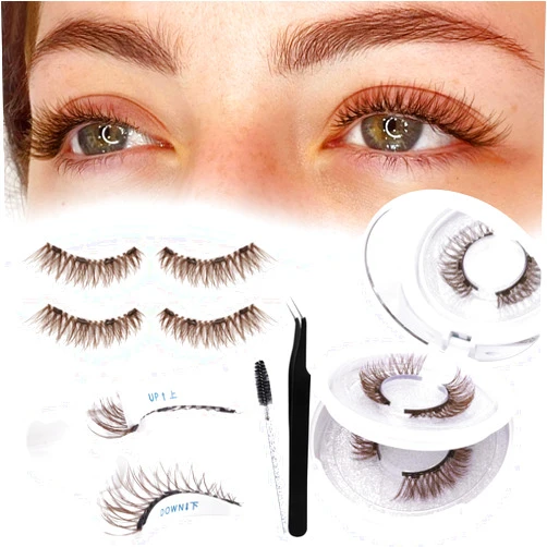 FANXITON Brown Magnetic Eyelashes 2 Pairs Cat Eye Natural Lashes Magnetic lashes with Applicator Magnetic Lashes Kit No Glue & No Makeup Remover