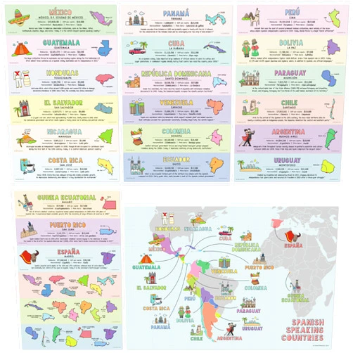 Quarterhouse Spanish-Speaking Countries Poster Set for the Classroom, 18 Latin American Countries, Spanish ESL Learning, Set of 5, 12 x 18 Inches
