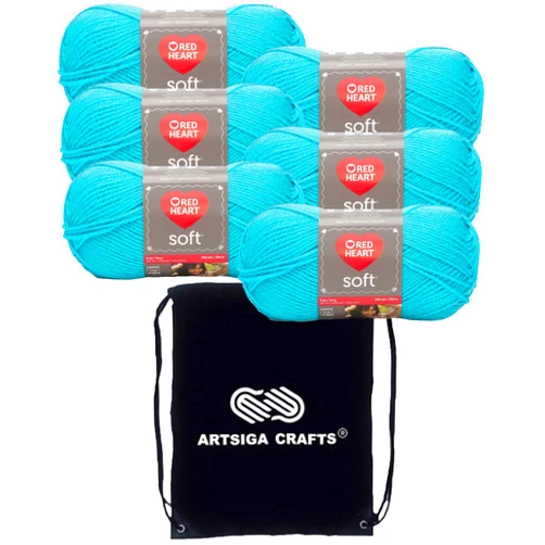 Red Heart Soft Turquoise E728-2515 (6-Skeins - Same Dye Lot) Worsted Medium #4 Acrylic Yarn for Crocheting and Knitting - Bundle with 1 Artsiga Crafts Project Bag