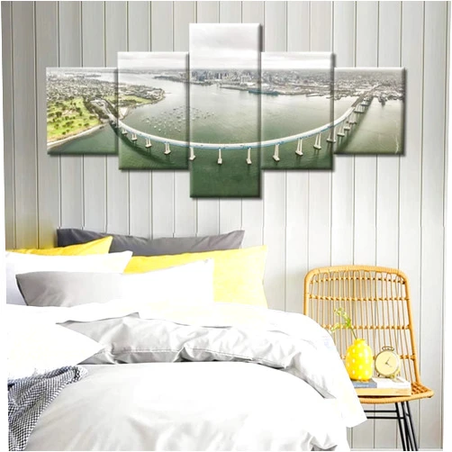 ASATTI 5 Panel Canvas Wall Art San Diego City Coronado Bridge Steel Girder Bridge Skyline HD Painting For Modern Home living room Office Decoration Large Size Framed Artworks Print Decor (60 * 32inch)