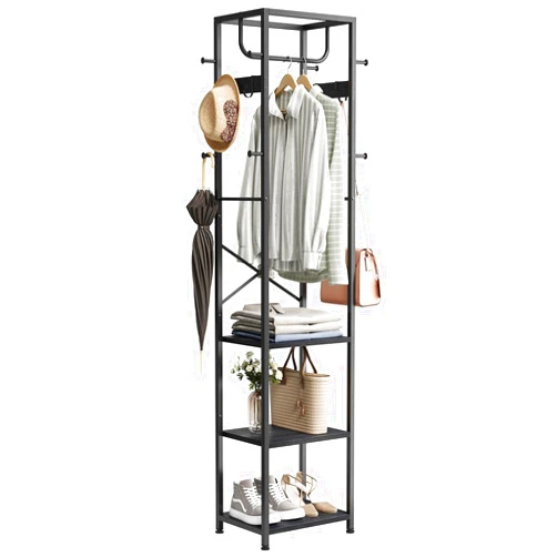 ELYKEN Coat Rack Freestanding, Hall Tree with 3 Storage Shelves and 12 Hooks, Metal Clothes Rack Stand Organizer for Bedroom, Hallway, Entryway, Office, Living Room, Black