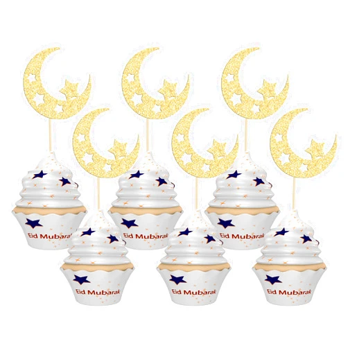 Gyufise 24Pcs Eid Moon Star Cupcake Toppers Gold Glitter Ramadan Kareem Eid Mubarak Cupcake Picks for Eid Islamic Muslim Theme Party Cake Decorations Supplies