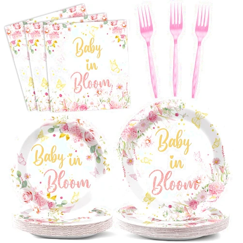 Justforjoyful 96Pcs Baby in Bloom Baby Shower Decorations for Girl Baby In Bloom Floral Paper Plates Napkins Disposable Baby in Bloom Party Tableware Dinnerware Set for Baby Shower Birthday Serve 24
