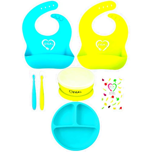 EVLA'S Baby Feeding Set, Baby Led Weaning Supplies, Adjustable Silicone Bibs, Divided Plate, Suction Bowl with Lid, Soft Spoons for Babies or Toddlers, Baby Registry must have!