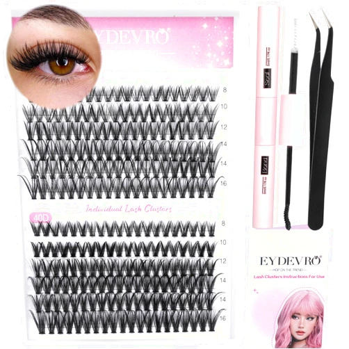 EYDEVRO DIY Lash Clusters Eyelash Extension Kit 240 pcs 30D40D Individual Lashes with Lash Bond and Seal and Lash Applicator Tweezers D Curl 8-16mm Mixed Length Lashes by EYDEVRO