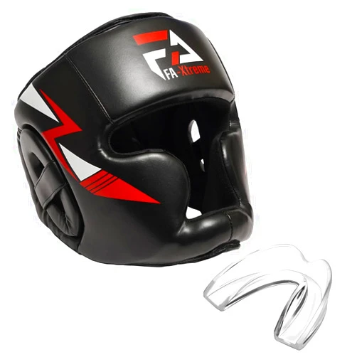 FA-XTREME Boxing Headgear - Black - Head Gear & Mouth Guard for MMA Kickboxing Karate Taekwondo Muay Thai Sparring & Training - Martial Arts Helmet - Fits Adults Youth Kids 11+