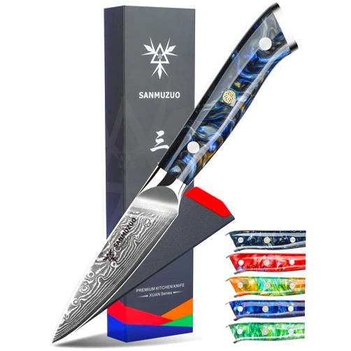 SANMUZUO 3.5 Inch Paring Knife - Kitchen Fruit Vegetable Knife Damascus Steel & Resin Handle - Xuan Series (Starry Black)