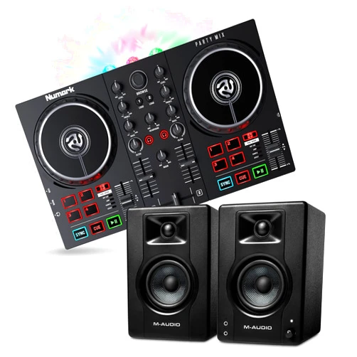 Numark Complete DJ Equipment Package - Numark Party Mix 2 DJ Controller with Party Lights, M-Audio BX3 3.5 Inch DJ Speakers, and Serato DJ Lite