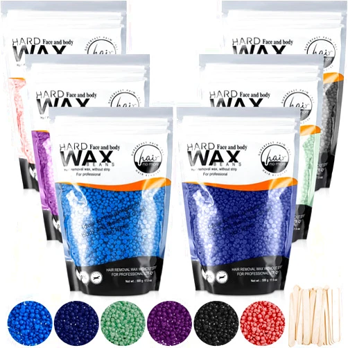 Dansib Hard Wax Beans Kit - 6 Packs (6.6 lb) with 100 Applicator Sticks for Painless Body, Facial, Brazilian, and Leg Hair Removal