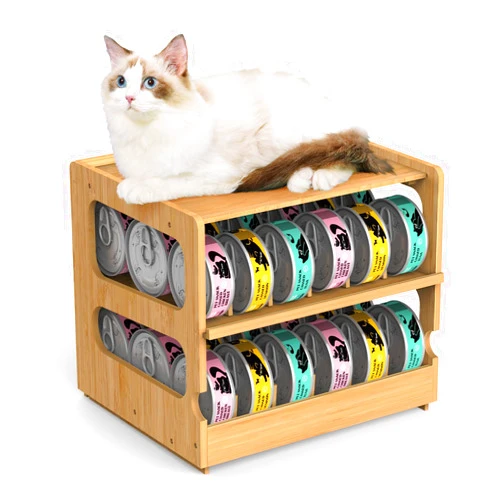 Teamkio Can Organizer for Pantry, Bamboo Pantry Organizer, 2 Tier Stackable Can Storage Rack Ideal for 36 Human and Pet Food Cans(FIFO)