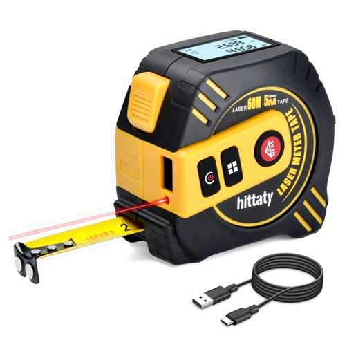 Hittaty 2 in 1 Laser Tape Measure, 197 ft Laser Measuring Tool & 16 ft Measuring Tape Self-Locking with Type-C Charging, Measuring Pythagorean, Area, Volume, M/in/Ft Unit Switch (60M)