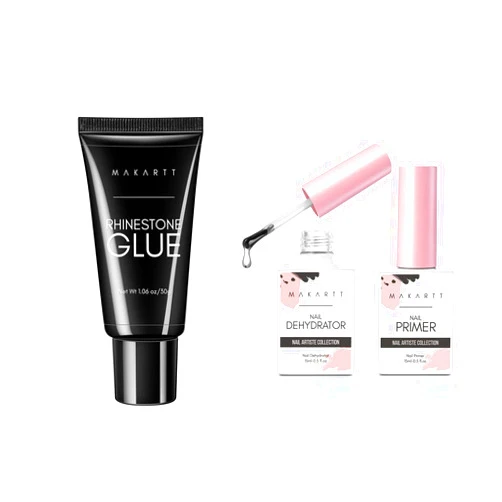 Makartt Nail Dehydrator and Primer Set with Nail Rhinestone Glue Gel Bundle, Nail Prep Nail Primer for Nails, Super Strong Gem Glue Gel 1.06oz Nail Lamp Needed for Nail Glitter Jewels Crystals