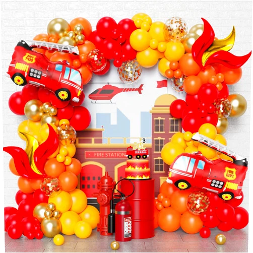 Enanal Fire Balloon Garland Arch Kit, 144pcs Red Yellow Chrome Gold Balloons with Fire Truck Foil Balloons for Fireman Party Supplies Birthday Firefighter Rescue Themed Party Decoration (Fire)