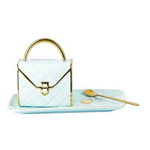 LmlJoo Creative and Adorable Handbag-Shaped Mug with Saucer Cup and Golden Spoon for Enjoying Tea, Juice, Milk, Hot Chocolate or Cappuccino (Blue)