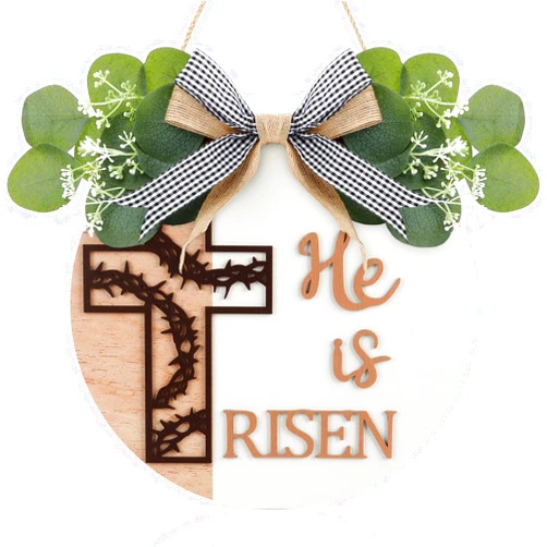 CHDITB He is Risen Christian Easter Door Sign Wreath, Round Wooden Religious 3D Cross Wall Hanging with Bow Green Leaves, Rustic Jesus Christ Gift Decor for Front Door Porch(12