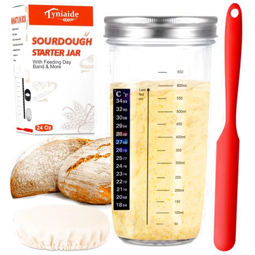 Tyniaide Sourdough Starter Jar Kit, 650ml Sourdough Starter Jar With Thermometer, Silicone Scraper, Cloth Cover And Aluminum Lid. Reusable Sour Dough Starter Jar
