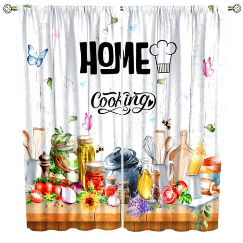 Wlsgdsg Vegetable Kitchen Curtains, Watercolour Rustic Nature Botanical Chef Flower Cutlery Spoon Cooking Decor Windows Treatments, Thermal Insulated Drapes for Living Room Bedroom 41x63.5in