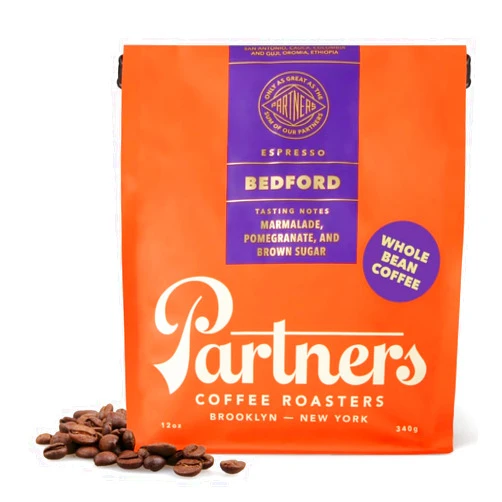 PARTNERS COFFEE ROASTERS - Whole Bean Coffee (Bedford - Espresso, Medium Roast) 12oz - Fruity, Complex, Bright Espresso - Marmalade, Pomegranate, Sugar - Whole Coffee Beans - Roasted in New York City