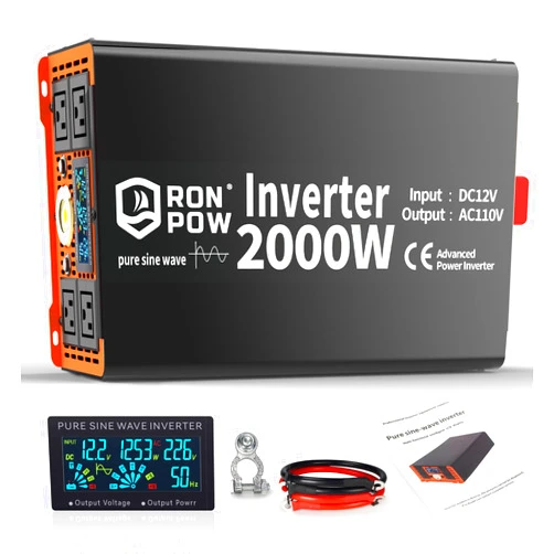 RONPOW 2000 Watt Pure Sine Wave Inverter, 12V DC to 110V AC Inverter, 2000 Watt Power Inverter with 4 AC Outlets and Lights, 2000W Inverter for Truck, Camping, RV Travel, Off-Grid Solar Systems