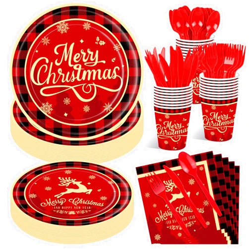 Jremreo 175 Pcs Merry Christmas Party Supplies Set - Serves 25, Festive Red and Black Plaid Disposable Tableware, Includes Paper Plates, Cups, Napkins, Forks, Spoons, Knives for Xmas Holiday Celebrations