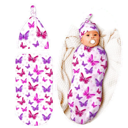 Lcokin Butterfly Baby Stuff Swaddle Blanket Newborn Baby Swaddling Blanket Sleep Sack with Beanie Hat Sets for Boys Girls Infant and Baby Shower Unisex