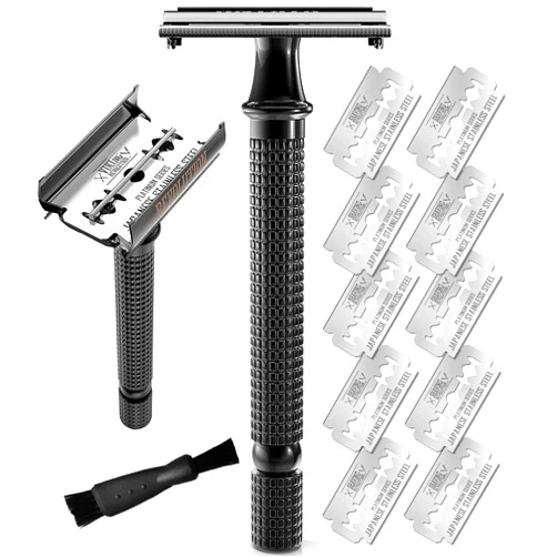 SHAVING REVOLUTION Long Handle Double Edge Safety Razor - Butterfly Open Razor 10 Japanese Stainless Steel Double Edge Blades - Close, Clean Shaving Razor Men., Black Long Handle, 12 Piece Set