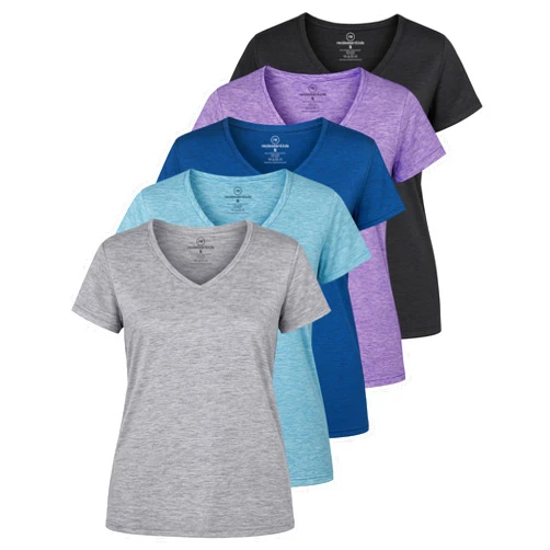 Real Essentials 5 Pack: Women's Dry-Fit Short Sleeve V Neck T Shirt Workout Fitness Yoga Top Tee (Available in Plus Size)
