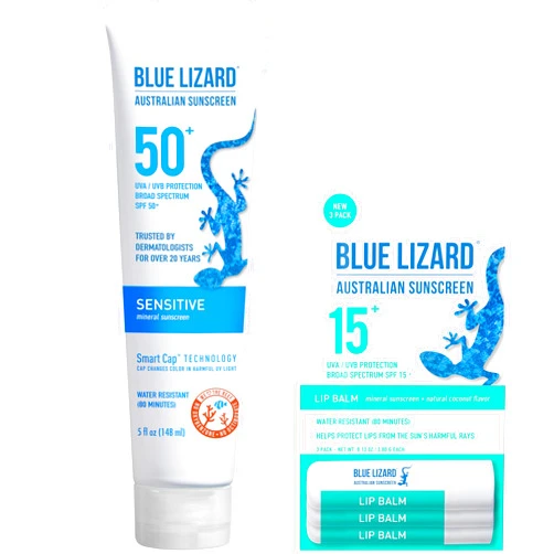 BLUE LIZARD Bundle of BLUE LIZARD Sensitive Mineral Sunscreen with Zinc Oxide Sensitive, SPF 50 5 Fl Oz + 3-Pack Blue Lizard Mineral SPF 15 Lip Balm:Natural Coconut Flavor, Each Tube 0.13 oz.