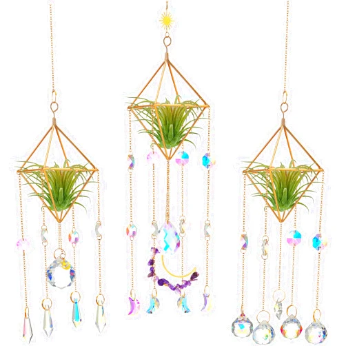 Yookeer 3 Pcs Hanging Air Plant Holder Rustic Style Air Plant Rack Hanger with Crystal Pendant and Chain Golden Geometric Metal Planter Wall Window Air Plants Display for Home Festival Wedding Decor, 3 Styles