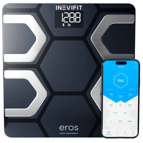 INEVIFIT EROS Bluetooth Body Fat Scale Smart BMI Highly Accurate Digital Bathroom Body Composition Analyzer with Wireless Smartphone APP 400 lbs 11.8 x 11.8 inch (Black)