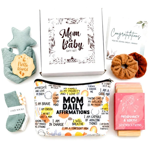 LUCOI New Mom Care Package After Baby with Affirmation Cards & Pouch, Mom & Baby Gift Set, Postpartum & Pregnancy Gifts for First-Time Moms, Baby Shower Gift for Expecting Mom, 9-Piece Set