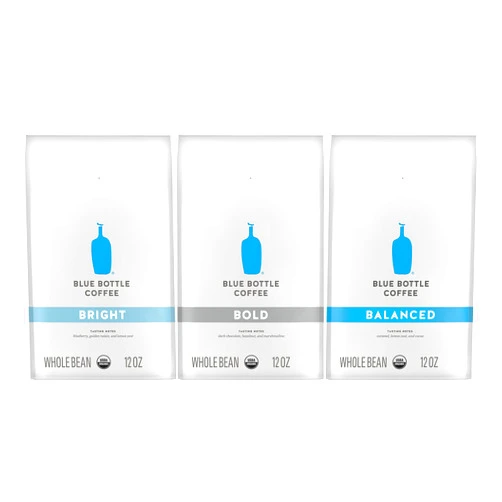 Blue Bottle Coffee Organic Whole Bean Coffee Variety Pack, 1 Bag Bright Blend Coffee, 1 Bag Bold Blend Coffee, 1 Bag Balanced Blend Coffee, 12-Ounce Bags (Pack of 3)