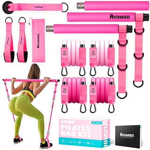 Ayombo Pilates Bar Kit with Resistance Bands, Pilates Workout Equipment for Legs, Hip, Waist, Arm, Squats Exercise Equipment for Home Workouts, Adjustable 3-Section Pilates Bar Kit for Women & Men