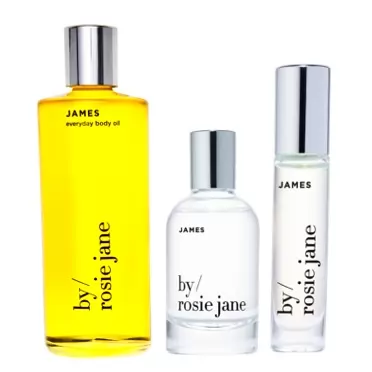 By Rosie Jane Body + Fragrance Bundle, James - Clean Fragrance Set with Notes of Fig, Amber + Gardenia - Includes Moisturizing Body Oil, Eau De Parfum Spray + Travel-Sized Roller Ball Perfume Oil