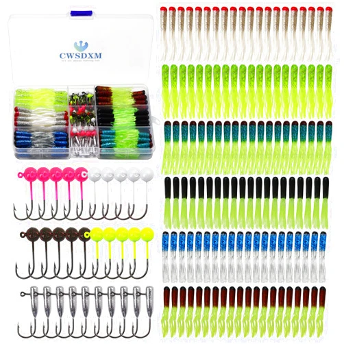 CWSDXM 120pcs Fishing Crappie Lures -70pcs Jig Heads Hooks Kit,Small Soft Plastic Grub Lure, Tube Bait Jig Heads for Saltwater Freshwater Fishing
