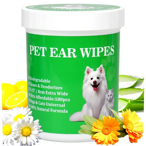 Lisveory 180ct Biodegradable Dog Ear Cleaner Wipes, 8cm XL-Size Ear Wipes for Dogs and Cats, Remove Ear ax Debris, Relief Ear Itchy, Eliminate Odors, All Natural Pet Otic Cleaning Wipes