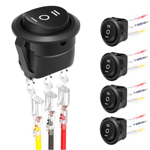 XINYIELE 12 Volt 3 Way Round Rocker Switch,3 Position ON/Off/ON Rocker Switch,3 Pin 6A/250V AC 10A/125V DC SPST Circle Toggle Switch Button with Wires for Car Stereo Marine Boat(ON-Off-ON,5Pcs