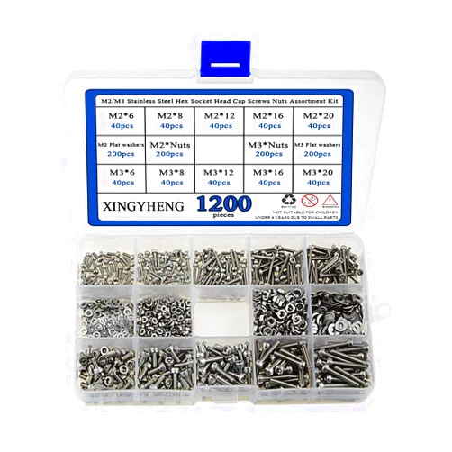 XINGYHENG 1200Pcs 304 Stainless Steel M2/M3 Stainless Steel Hex Socket Head Cap Screws Nuts Assortment Kit with Box