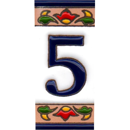 Generic House Numbers, Ceramic Numbers & Letters Tiles, Mexican Chilli Design, Tile Size: 7.5cm x 3.5cm, 3 to 10 Tile Frames (Number 5)